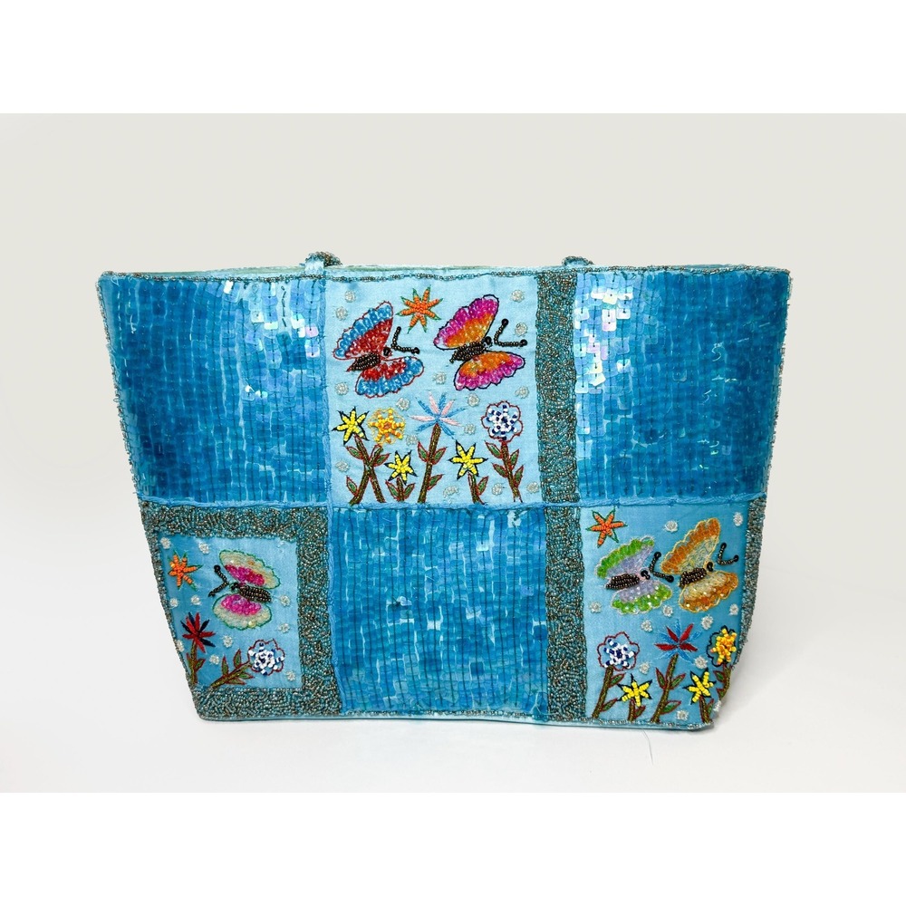 Vintage Hand-Beaded Butterfly & Floral Tote Bag | Blue Sequin Patchwork |‎ Lined
